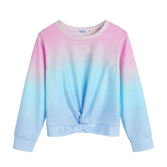 Arshiner Girls Casual Twist Front Light Weight Sweatshirt Colorblock Tie Dye Printed Long Sleeve Crop Tops Pullover Size 7-8 Years Pink/Blue Print 150