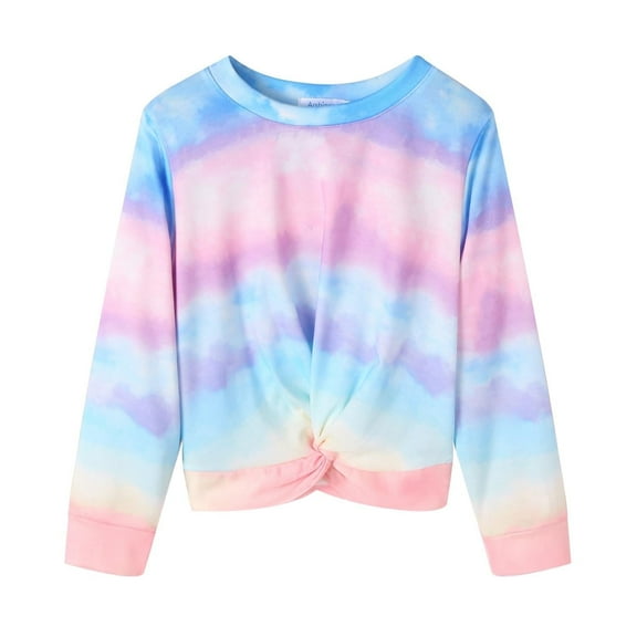 Arshiner Girls Casual Twist Front Light Weight Sweatshirt Colorblock Tie Dye Printed Long Sleeve Crop Tops Pullover Size 7-8 Years Tie Dye Print 3 130