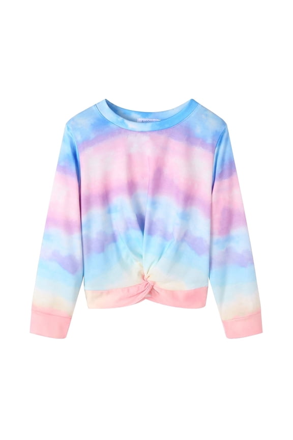 Girls Casual Twist Front Light Weight Sweatshirt Colorblock Tie Dye Printed Long Sleeve Crop Tops Pullover Size 7-8 Years Tie Dye Print 3 130
