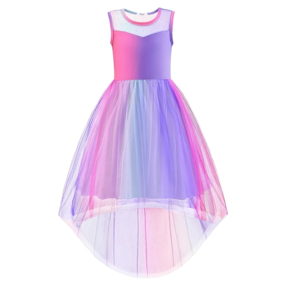 Arshiner Girls Chic Dresses Formal Sleeveless Contrast Mesh High Low Dress with Belt Party Wedding