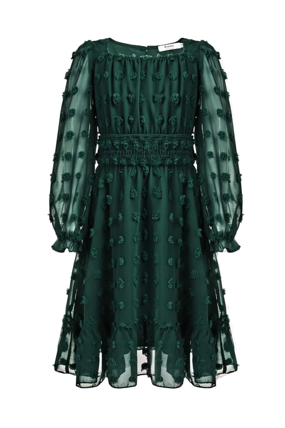 Girls Chiffon Dress with Solid Pom Poms & Flutter Ruffle Short Sleeve Kids Lace Square Neck Frocks Green 12-13Y