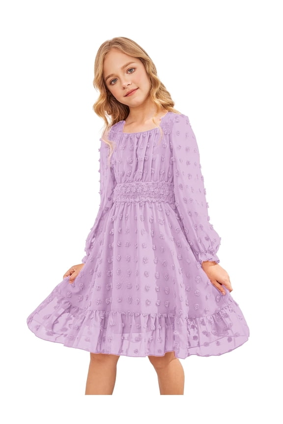 Girls Chiffon Dress with Solid Pom Poms & Flutter Ruffle Short Sleeve Kids Lace Square Neck Frocks Green 12-13Y