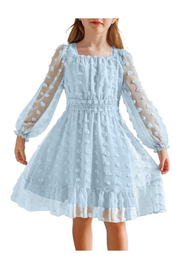 Girls Chiffon Dress with Solid Pom Poms & Flutter Ruffle Short Sleeve Kids Lace Square Neck Frocks Green 12-13Y