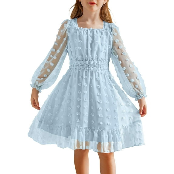 Arshiner Girls A-Line Dresses Chiffon Long Sleeve Square Neck Swiss Dot Flowy Casual Party Dress