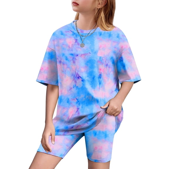 Arshiner Girls 2 Piece Outfits Kids Tie Dye Clothes Pullover T-Shirt and Biker Shorts Cute Summer Clothing Sets 5-6Y
