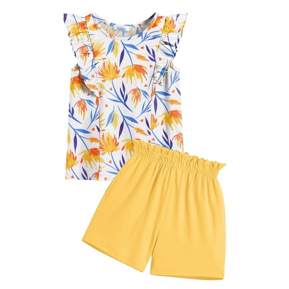 Arshiner Girl Outfits Summer Clothes 2 Piece Cute Ruffle Sleeve Tops and Paper Bag Shorts Sets with Pockets
