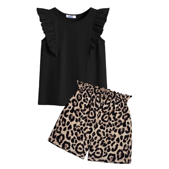Arshiner Girls Summer Outfits Ruffle Sleeve Tops and Paperbag Waist Shorts with Pockets Kids Clothing Set