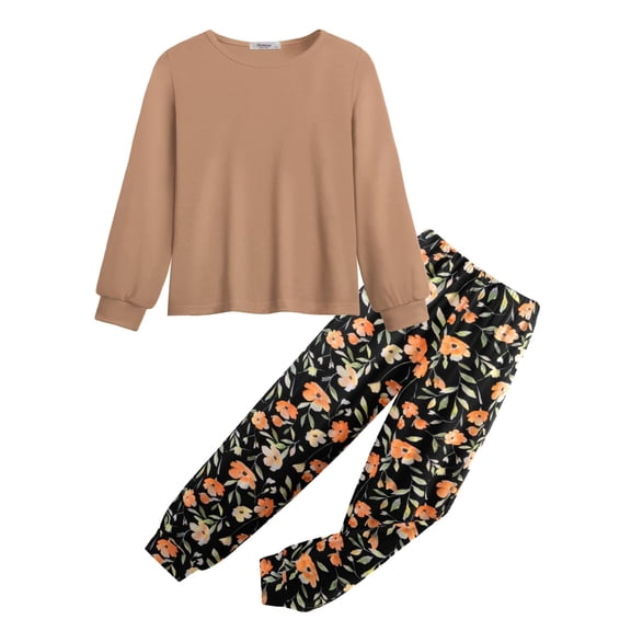 Arshiner Girls 2 Piece Outfits Brown Long Sleeve Pullover Sweatshirts and Floral Print Pant with Pockets Tracksuits Sweatsuit 11-12 Years
