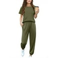 thumbnail image 1 of Arshiner Girls' Clothing Sets Short Sleeve Pullover Shirt and Sweatpants with Pockets Kids Activewear Army Green 9-10Y, 1 of 5