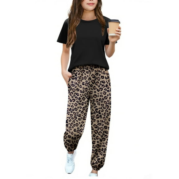 Arshiner Girl Clothes Fall 2 Piece Outfits Short Sleeve Pullover Shirt Sweatpants Set Animal Printed Tracksuit 9-10Y