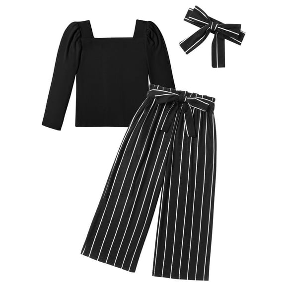 Arshiner Girls Clothing Sets Square Neck Rib Knit Shirts + Stylish Wide Leg Pants + Headband Cute 3pcs Fall Clothes Outfits