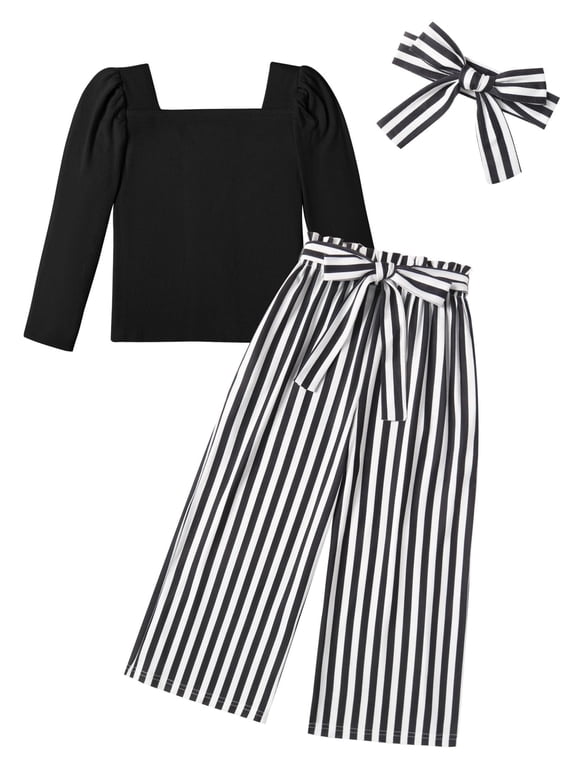 Girls 3pcs Fall Clothes Outfits Square Neck Tops + Stylish Wide Leg Pants + Headband Cute