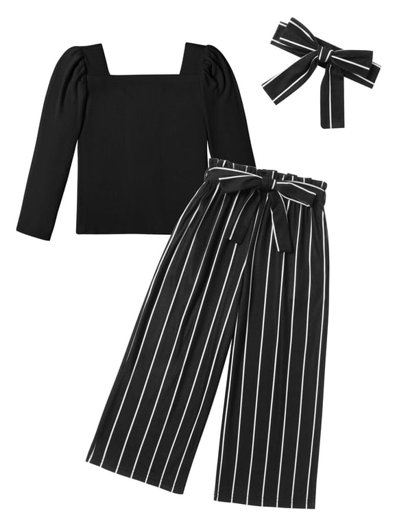 Girls 3pcs Fall Clothes Outfits Square Neck Tops + Stylish Wide Leg Pants + Headband Cute