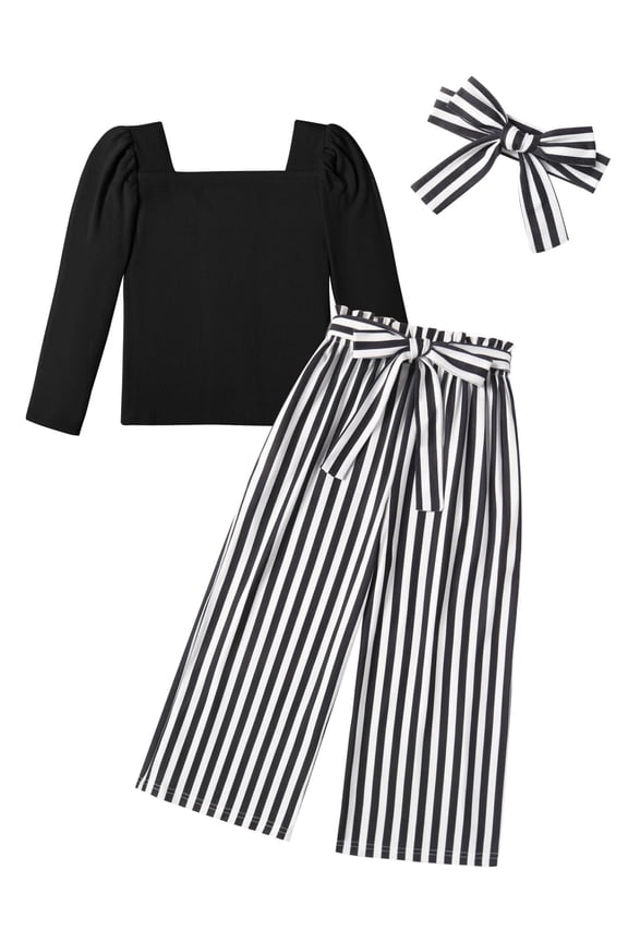 Girls Clothing Sets Square Neck Rib Knit Shirts + Stylish Wide Leg Pants + Headband Cute 3pcs Fall Clothes Outfits