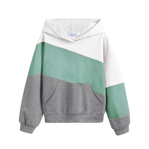 Arshiner Girls Color Block Hoodies Colorblock Sweatshirt Fall Hooded Sweatshirts Hoodies for Teen Girls Grey Hoodie 13-14 Years White&green&gray 140