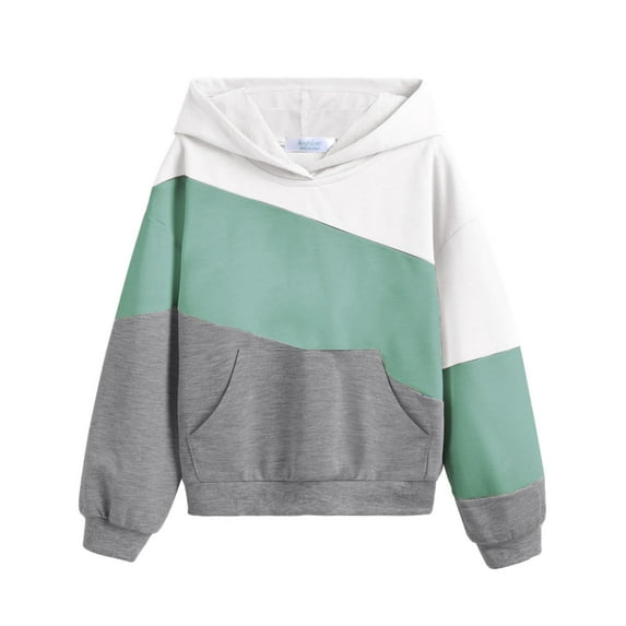 Arshiner Girls Color Block Hoodies Colorblock Sweatshirt Fall Hooded Sweatshirts Hoodies for Teen Girls Grey Hoodie 13-14 Years White&green&gray 160