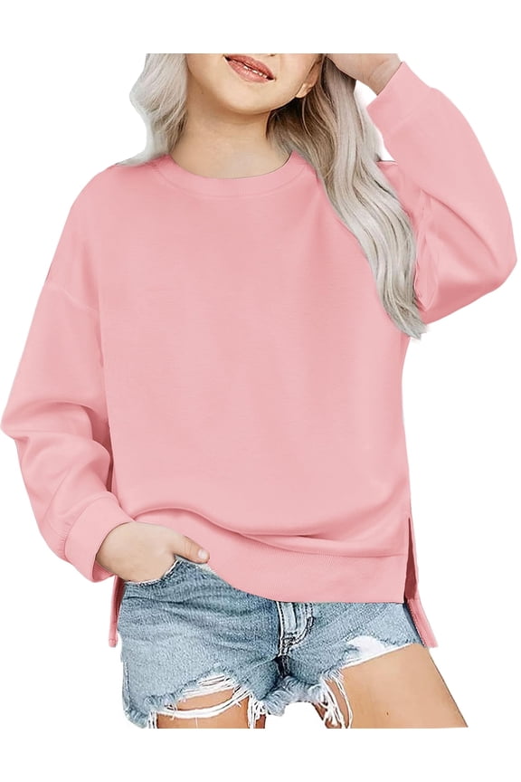 Girls Crewneck Sweatshirt Long Sleeve Pullover Tops Drop Shoulder Side Split Sweatshirts
