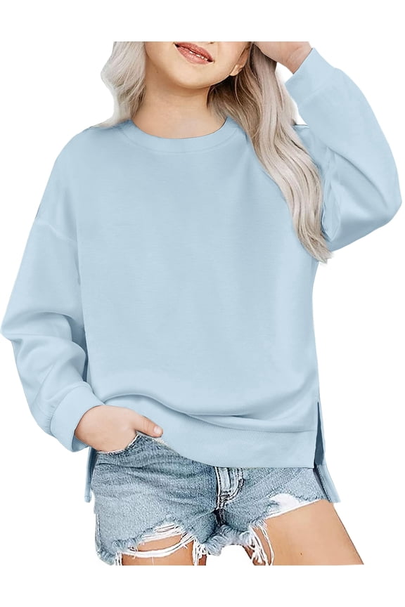Girls Crewneck Sweatshirt Long Sleeve Pullover Tops Drop Shoulder Side Split Sweatshirts
