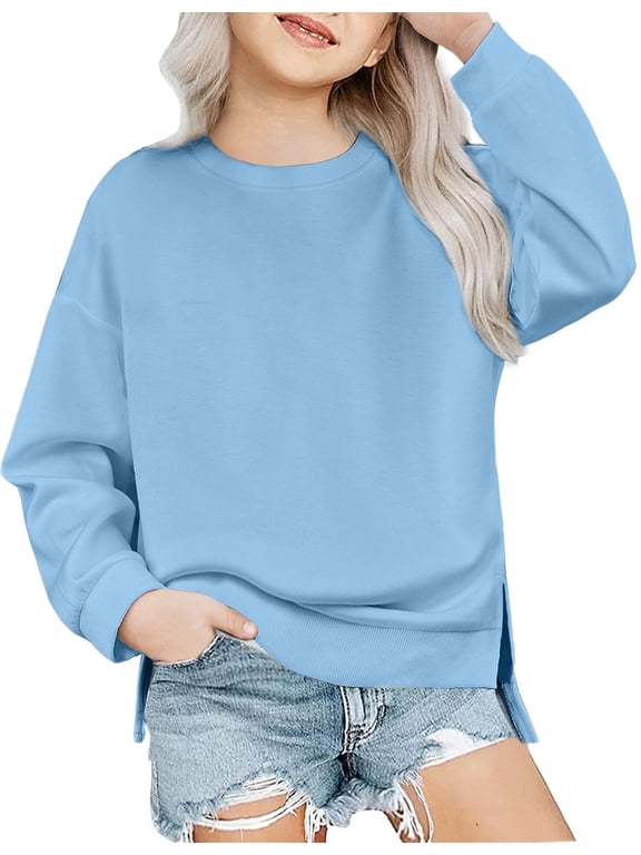 Girls Crewneck Sweatshirt Long Sleeve Pullover Tops Drop Shoulder Side Split Sweatshirts