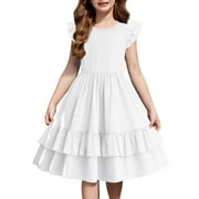 ARSHINER Girls Dress Casual Boho Ruffle Sleeve Yellow A Line Flowy Summer Sundress with Pockets for 7-8 Years