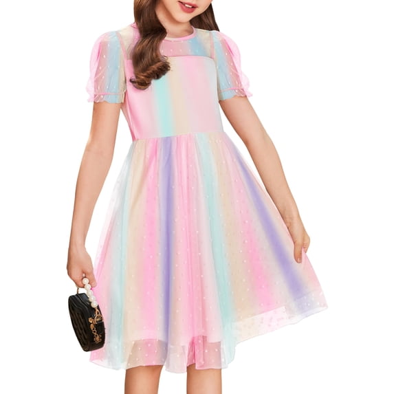 Arshiner Girls Dress Contrast Mesh Puffy Short Sleeve A Line Casual Party Dress