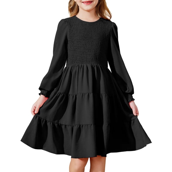 Arshiner Girls Dress Fall Boho Long Sleeve Shirred Smocked Tiered Party Dresses with Pockets