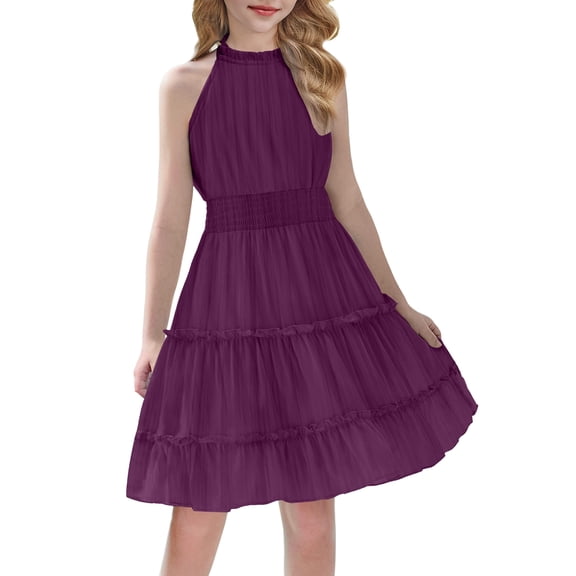 Arshiner Girls Dress Kids Halter Sleeveless Elegant Flowy Summer Casual A-Line Dress