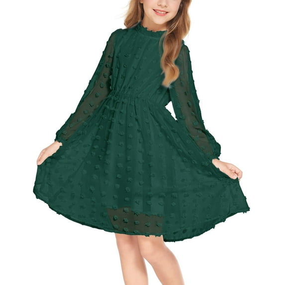 Arshiner Flypigs Tween Girls Long Sleeve Fall Dresses Swiss Dot Casual Party Dress