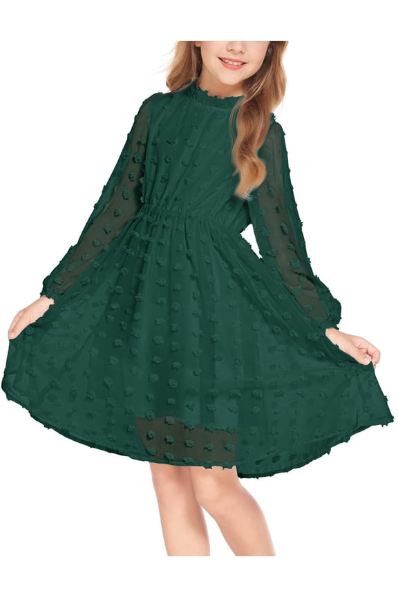 Flypigs Tween Girls Long Sleeve Fall Dresses Swiss Dot Casual Party Dress