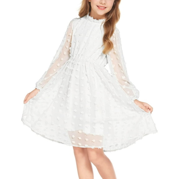Arshiner Flypigs Tween Girls Long Sleeve Fall Dresses Swiss Dot Casual Party Dress