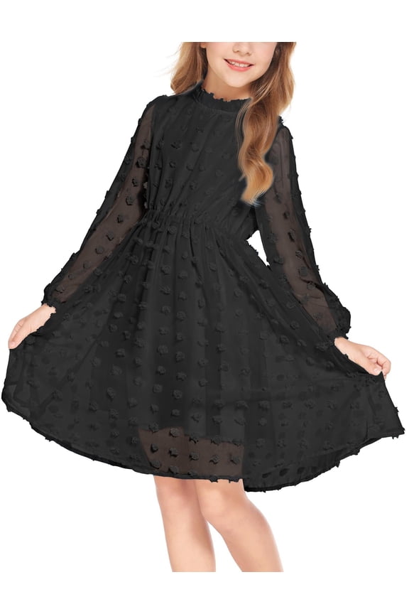 Flypigs Tween Girls Long Sleeve Fall Dresses Swiss Dot Casual Party Dress