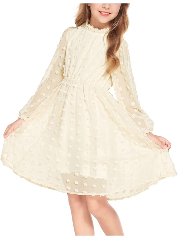 Flypigs Tween Girls Long Sleeve Fall Dresses Swiss Dot Casual Party Dress