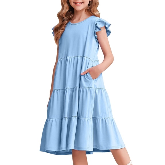 Arshiner Girls Dress Summer Flutter Sleeve Flared Tiered Swing Pleated Midi Cotton Casual Sundress with Pockets