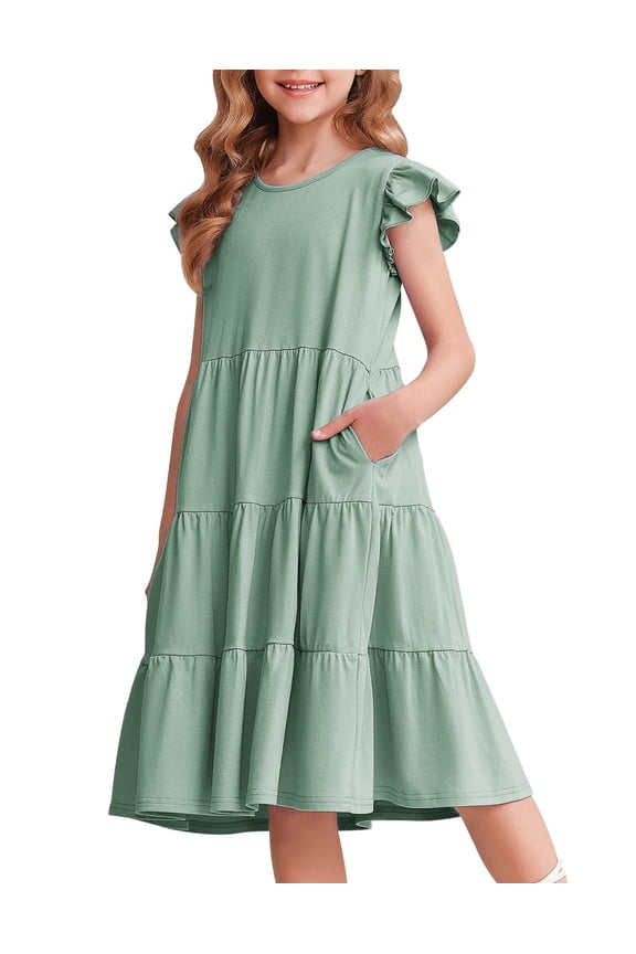 Girls Dress Summer Flutter Sleeve Flared Tiered Swing Pleated Midi Cotton Casual Sundress with Pockets
