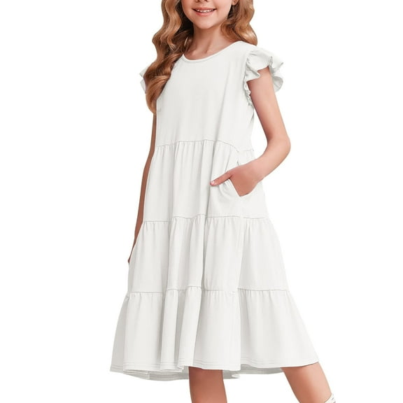 Arshiner Tween Girls Dress Summer Ruffle Sleeve Tiered Swing Pleated Midi Cotton Casual Sundress with Pockets