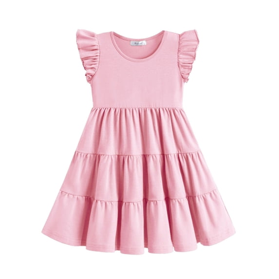 Arshiner Girls Dress Summer Flutter Sleeve Flared Tiered Swing Pleated Midi Cotton Casual Sundress with Pockets