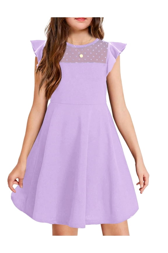 Girls Dress Summer Ruffle Sleeve Mesh A Line Casual Party Dresses with Pockets 11-12 Years Black