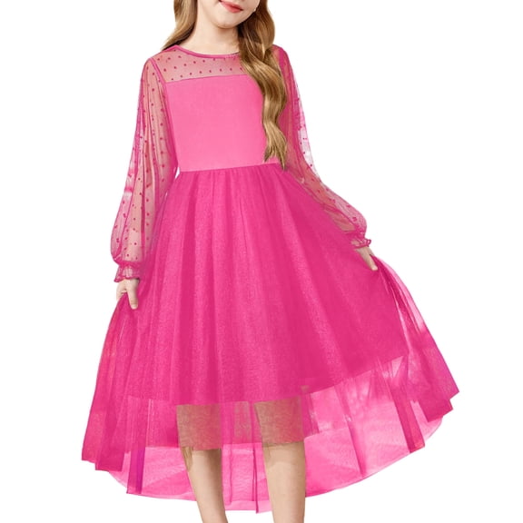 Arshiner Girls Dresses Contrast Mesh Long Sleeve Twirly High Low Birthday Party Formal Dress
