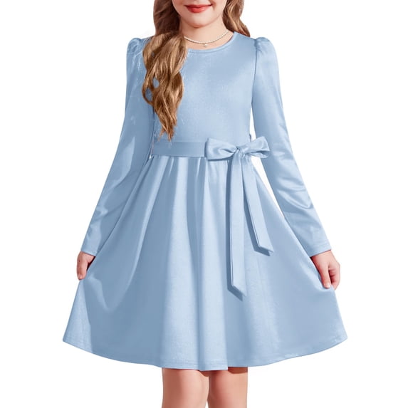 Arshiner Girls Dresses Puff Long Sleeve Fall Winter Formal Party Belted Dress with Pockets