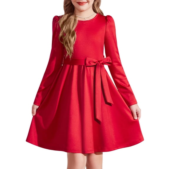 Arshiner Girls Dresses Puff Long Sleeve Fall Winter Formal Party Belted Dress with Pockets
