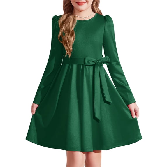Arshiner Girls Dresses Puff Long Sleeve Fall Winter Formal Party Belted Dress with Pockets
