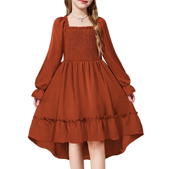 Arshiner Girls Dresses Puff Long Sleeve Fall Winter Smocked High Low Swing Midi Dress with Pockets
