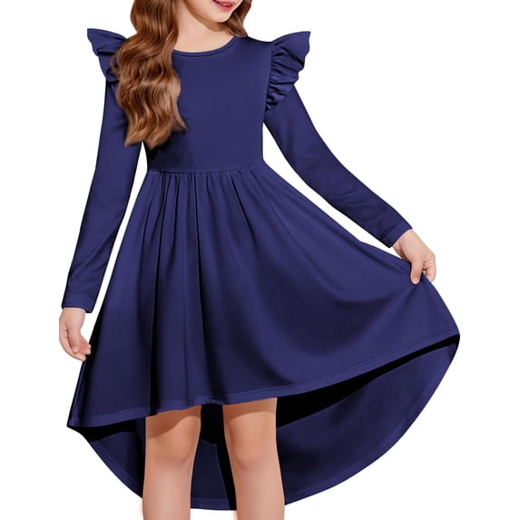 Arshiner Girls Dresses Ruffle Long Sleeve High Low Flowy Swing Casual Party Dresses with Pockets