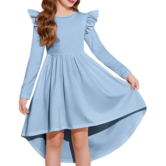 Arshiner Girls Dresses Ruffle Long Sleeve High Low Flowy Swing Casual Party Dresses with Pockets