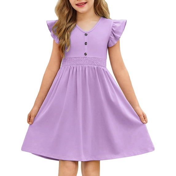 Arshiner Girls Dresses Ruffle Sleeve A-Line V-Neck Sundress Summer Swing Midi Dress with Pockets