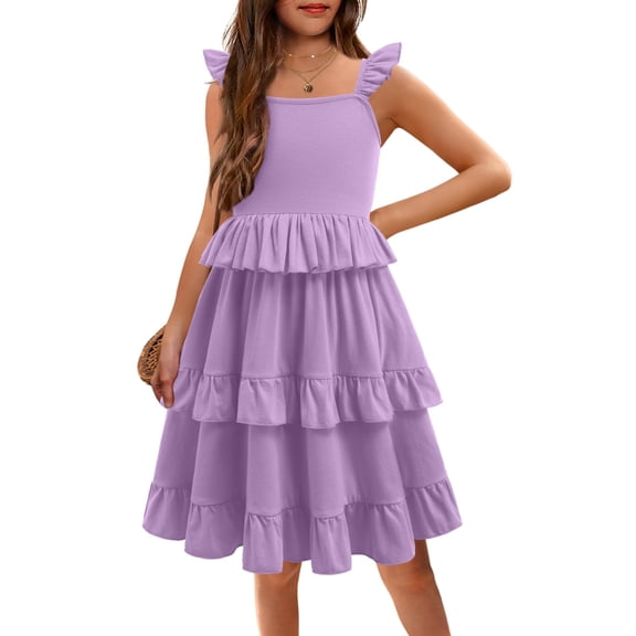 Arshiner Girls Dresses Ruffle Sleeve Tiered Casual Flowy Swing Tween Sundress with Pockets for Girls
