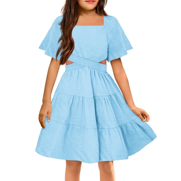 Arshiner Girls Summer Dresses Chic Waist Hollow Square Neck Shirred Ruffle Hem A-Line Dress