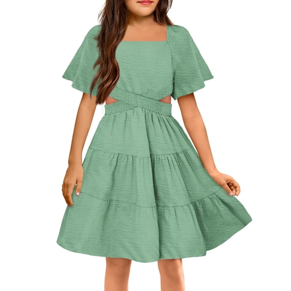 Arshiner Girls Dresses Cut Out Shirred Ruffle Hem Easter Summer First Commuinon Sage Green Dress Size 14