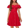 thumbnail image 1 of Arshiner Girls Dresses Summer Spaghetti Strap Cold Shoulder Ruffle Button Down A Line Dresses, 1 of 6