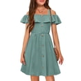 thumbnail image 1 of Arshiner Girls Dresses Summer Spaghetti Strap Cold Shoulder Ruffle Button Down A Line Dresses, 1 of 6